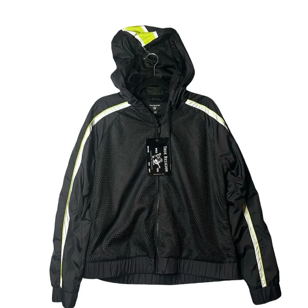 True Religion Jacket Womens XL Black‎ Mesh Color Block Zip Up Jacket NEW
